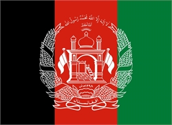[ai] The flag of Afghanistan featuring three vertical stripes in black, red, and green. The central red stripe includes the national emblem with a mosque and a banner displaying the country's name in Arabic.